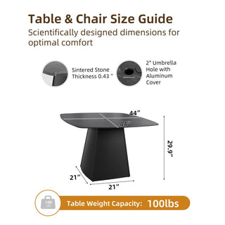 Modern 44" Rounded Square Outdoor Dining Table – Black Sintered Stone Top with Flared Aluminum Pyramid Base