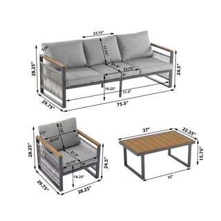 4-Piece Outdoor Metal Patio Furniture Set, 5-Seat Deep Seating Sofa Set with Cushions, Modern Grey & Natural Finish for Porch, Garden & Backyard