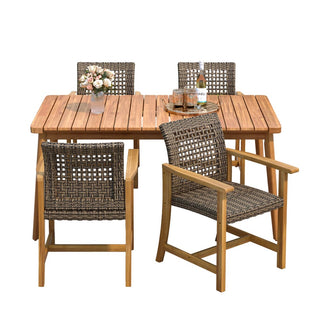 5-Piece Patio Dining Set, 63" Slatted Table & 4 Acacia Wood & PE Rattan Chairs for Patio Garden