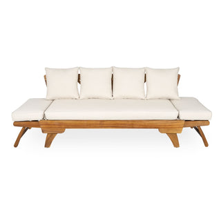 Outdoor Patio Daybed Sofa, 3-Seat Sofa with Foldable Arm 4 Back Pillows, Teak Acacia Wood Frame Beige Removable Cushion