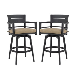 Modern 2-Piece Outdoor Swivel Bar Chairs with Sunbrella Cushions – 360° Aluminum Patio Bar Stools in Ember Black