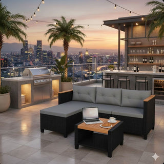 3-Piece L-Shaped Wicker Patio Set with Beige/Gray Cushions and Acacia Wood Storage Table