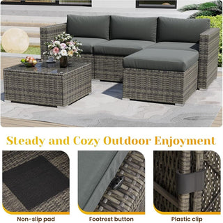 5-Piece All-Weather Wicker Patio Conversation Set With  Cushions and Glass Table
