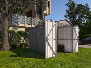 Motorcycle Outdoor Steel Storage Shed with Window, Tracks and Fixtures, Weather-Resistant Metal Bike Garage, Grey