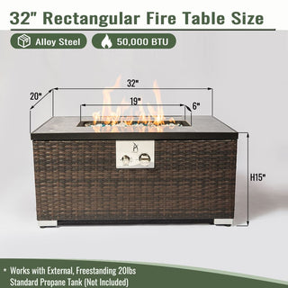 32" Propane Gas Fire Pit Table, 50000 BTU Rectangular Fire Pit, Tile Tabletop with Beautiful Wicker Base for Outside Patio Deck Garden Courtyard-Brown