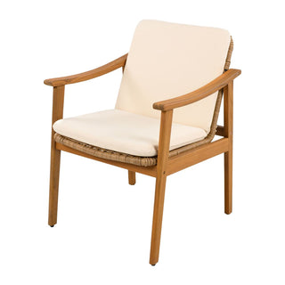 Outdoor Dining Chairs Set of 2, Teak Color Acacia Wood Frame, Brown PE Wicker, Grey Waterproof Cushion