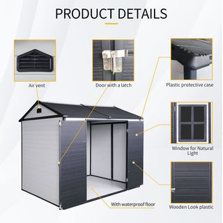 8 x 6 ft Resin Outdoor Storage Shed Waterproof Shed with Floor & Two Windows & Lockable Door, Tool Shed for Garden, Patio, Backyard,Grey/Black/White+Gray/Brown
