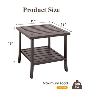 19" Square Black/Brown Metal Outdoor Side Table, 2-Tier All-Weather Patio End Table