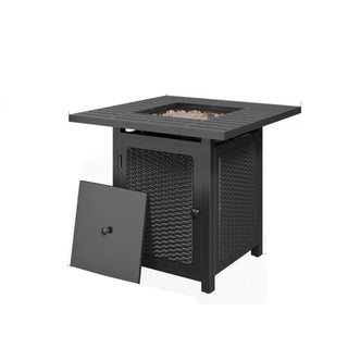 30”Width Outdoor 2-in1 Black Rattan Look Fireplace Table, 50000 BTU CSA Certified Propane Square Gas Fire Pit Table with Stainless Burner, Lid, Lava Rocks and Waterproof Cover