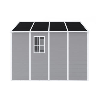 8X8 FT resin storage shed, high quality pp material, strong structure, waterproof, rust and UV proof, large storage space, 12mm thick pp board, HD window lighting