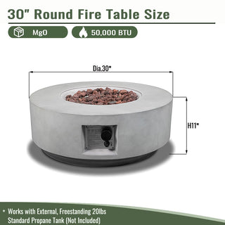 30" Propane Gas Fire Pit Table, 50000 BTU Round Concrete Fire Pit for Outside Patio Deck Garden Backyard- Light Gray