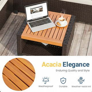 3-Piece L-Shaped Wicker Patio Set with Beige/Gray Cushions and Acacia Wood Storage Table