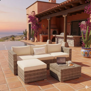 5-Piece All-Weather Wicker Patio Conversation Set With  Cushions and Glass Table