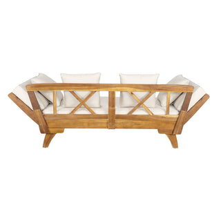Outdoor Patio Daybed Sofa, 3-Seat Sofa with Foldable Arm 4 Back Pillows, Teak Acacia Wood Frame Beige Removable Cushion
