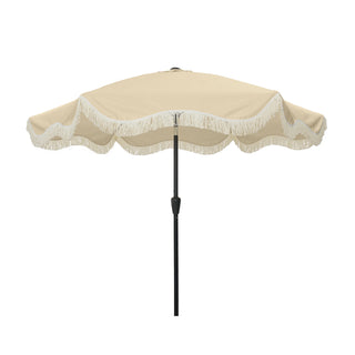 9 FT Tassel Market Patio Umbrella with Full Fiberglass Rib in Cream/Beige/Tan