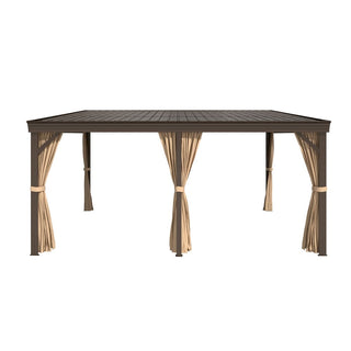 Hardtop Wall Mounted Gazebo with Sloping Galvanized Steel Roof, Aluminum Frame, Drainage System, Curtains and Netting, for Patio, Deck, Garden, Backyard