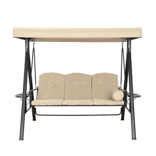 3-Person Steel Patio Swing with Adjustable Canopy & Removable Cushions, Outdoor Porch Swing Chair in Beige