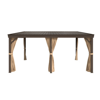 Hardtop Wall Mounted Gazebo with Sloping Galvanized Steel Roof, Aluminum Frame, Drainage System, Curtains and Netting, for Patio, Deck, Garden, Backyard