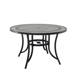 48" Round Cast Aluminum Outdoor Dining Table with Ceramic Tile Top & Umbrella Hole – Classic Patio Table for Garden & Porch