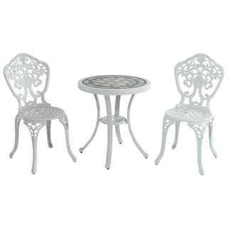 3-Piece White/Bronze Cast Aluminum Outdoor Bistro Set with Round Ceramic Tile Tabletop & 2 Armless Chairs for Patio, Garden & Balcony