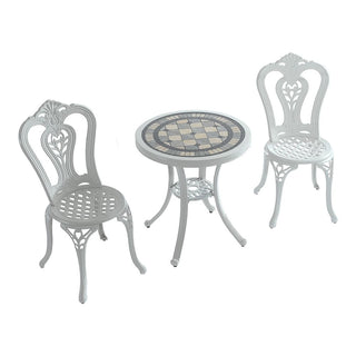 Mondawe 3-Piece White/Bronze Cast Aluminum Outdoor Bistro Set with Round Ceramic Tile Tabletop & 2 Armless Chairs for Patio & Garden