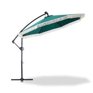 10FT Iron Cantilever Patio Umbrella with Tassels – 360° Rotating Outdoor Offset Umbrella with PU-Coated Polyester Canopy