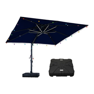 10×10 FT Double Top Aluminum Cantilever Patio Umbrella with LED Lights & Hook – Offset Outdoor Umbrella in Navy Blue/Tan/Gray