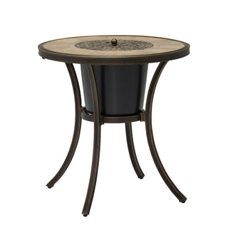 28 Inch Wood Grain Ceramic Top Cast Aluminum Bistro Table with Built-in Ice Bucket Rust Proof Outdoor Patio Table