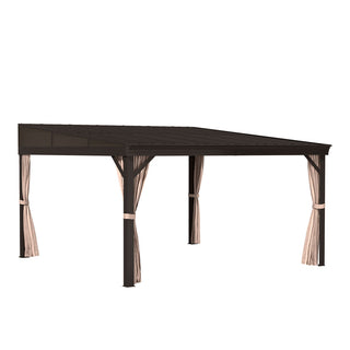 VineLull Outdoor Wall-Mounted Hardtop Pergora with Curtains and Netting