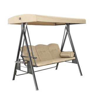 3-Person Steel Patio Swing with Adjustable Canopy & Removable Cushions, Outdoor Porch Swing Chair in Beige