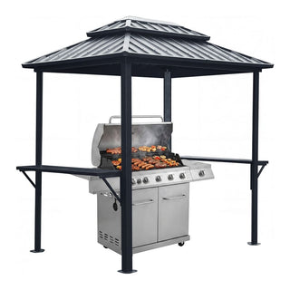 Hardtop Outdoor BBQ Grill Gazebo with Sloped Galvanized Steel Roof, 2 Side Shelves & Ceiling Hooks for Backyard & Patio