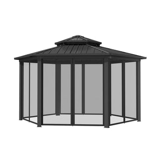 15x15 Ft Hexagon Hardtop Gazebo with Netting, Aluminum Frame Outdoor Patio Pavilion Shelter