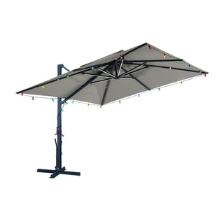 10×10 FT Double Top Aluminum Cantilever Patio Umbrella with LED Lights & Hook – Offset Outdoor Umbrella in Navy Blue/Tan/Gray