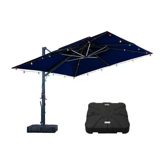 10×10 FT Double Top Aluminum Cantilever Patio Umbrella with LED Lights & Hook – Offset Outdoor Umbrella in Navy Blue/Tan/Gray