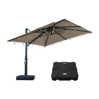 10×10 FT Double Top Aluminum Cantilever Patio Umbrella with LED Lights & Hook – Offset Outdoor Umbrella in Navy Blue/Tan/Gray