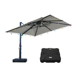 10×10 FT Double Top Aluminum Cantilever Patio Umbrella with LED Lights & Hook – Offset Outdoor Umbrella in Navy Blue/Tan/Gray