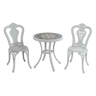 Mondawe 3-Piece White/Bronze Cast Aluminum Outdoor Bistro Set with Round Ceramic Tile Tabletop & 2 Armless Chairs for Patio & Garden