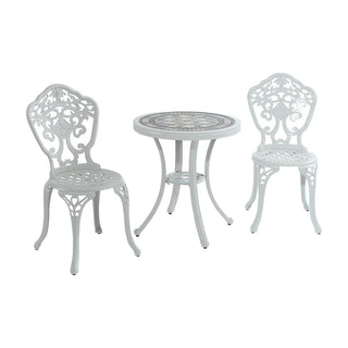 3-Piece White/Bronze Cast Aluminum Outdoor Bistro Set with Round Ceramic Tile Tabletop & 2 Armless Chairs for Patio, Garden & Balcony