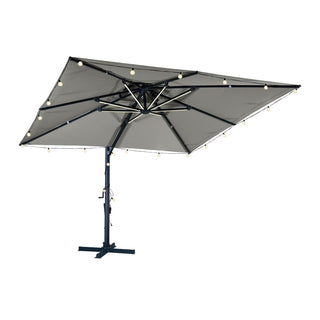 10×10 FT Double Top Aluminum Cantilever Patio Umbrella with LED Lights & Hook – Offset Outdoor Umbrella in Navy Blue/Tan/Gray