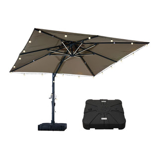 10×10 FT Double Top Aluminum Cantilever Patio Umbrella with LED Lights & Hook – Offset Outdoor Umbrella in Navy Blue/Tan/Gray