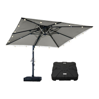 10×10 FT Double Top Aluminum Cantilever Patio Umbrella with LED Lights & Hook – Offset Outdoor Umbrella in Navy Blue/Tan/Gray