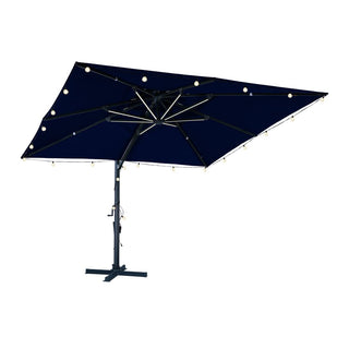 10×10 FT Double Top Aluminum Cantilever Patio Umbrella with LED Lights & Hook – Offset Outdoor Umbrella in Navy Blue/Tan/Gray