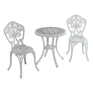 3-Piece White/Bronze Cast Aluminum Outdoor Bistro Set with Round Ceramic Tile Tabletop & 2 Armless Chairs for Patio, Garden & Balcony