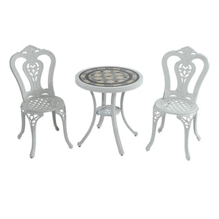 Mondawe 3-Piece White/Bronze Cast Aluminum Outdoor Bistro Set with Round Ceramic Tile Tabletop & 2 Armless Chairs for Patio & Garden