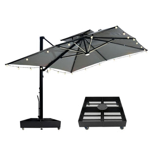 10×10 FT Double Top Aluminum Cantilever Patio Umbrella with LED Lights & Hook – Offset Outdoor Umbrella in Navy Blue/Tan/Gray
