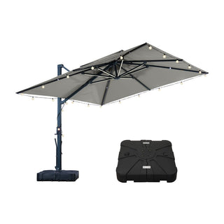 10×10 FT Double Top Aluminum Cantilever Patio Umbrella with LED Lights & Hook – Offset Outdoor Umbrella in Navy Blue/Tan/Gray