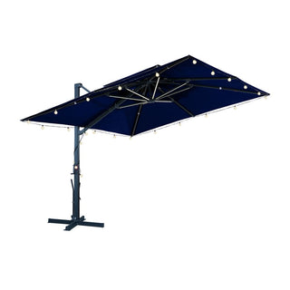 10×10 FT Double Top Aluminum Cantilever Patio Umbrella with LED Lights & Hook – Offset Outdoor Umbrella in Navy Blue/Tan/Gray