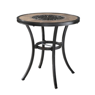 28 Inch Wood Grain Ceramic Top Cast Aluminum Bistro Table with Built-in Ice Bucket Rust Proof Outdoor Patio Table