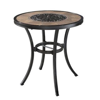 28 Inch Wood Grain Ceramic Top Cast Aluminum Bistro Table with Built-in Ice Bucket Rust Proof Outdoor Patio Table