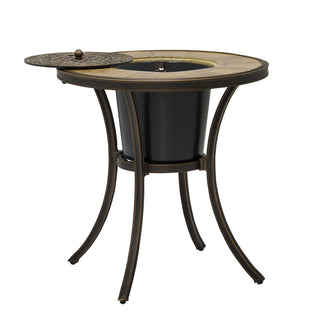 28 Inch Wood Grain Ceramic Top Cast Aluminum Bistro Table with Built-in Ice Bucket Rust Proof Outdoor Patio Table